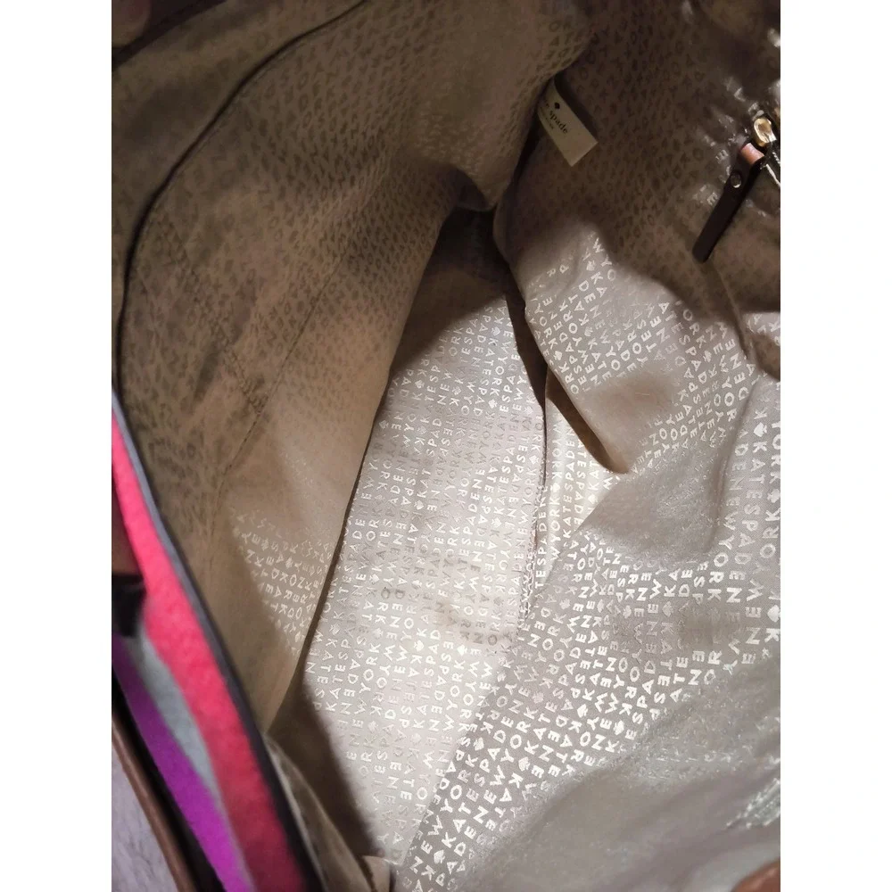 88.Kate Spade New York Striped Canvas Tote Bag Pink Red Brown Leather Trim